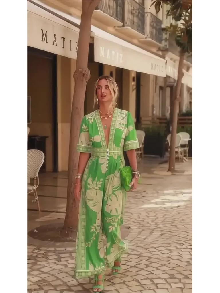 2024 Spring Women's V-Neck Short-Sleeve Printed Jumpsuit