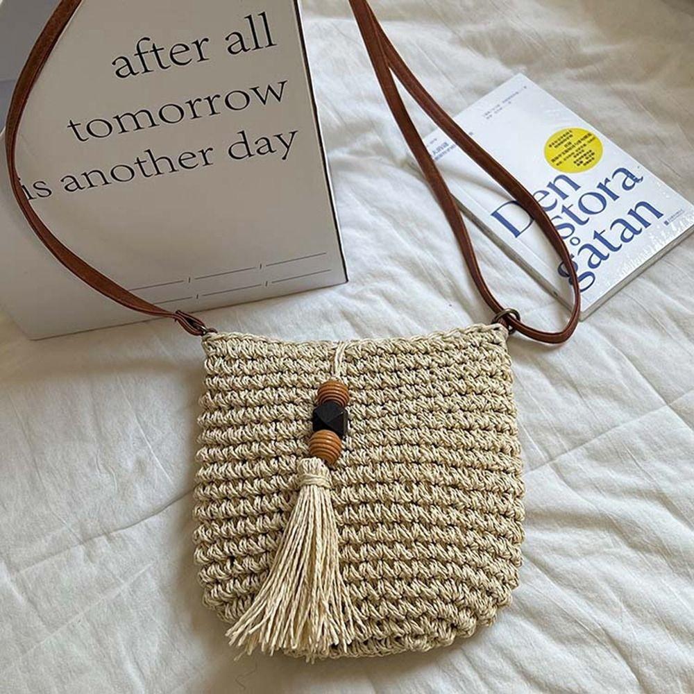 Pu Leather Weave Straw Crossbody Bag Wood Bead Tassels Beach Bag Fashion Raffia Bag  Shopping