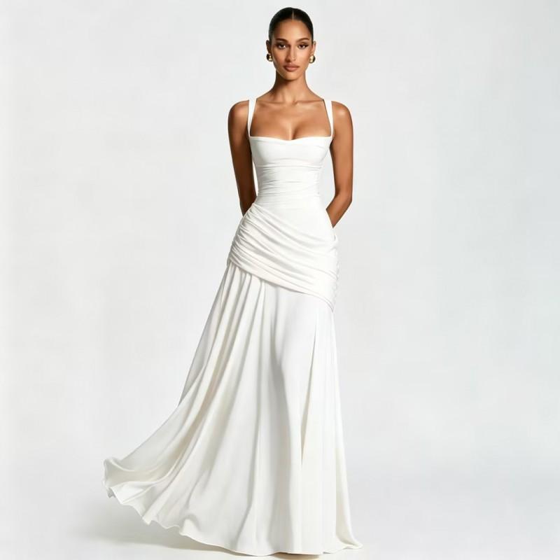 2026 Womens Sleeveless Solid Color Slim Waist Flowy Maxi Dress Party Date