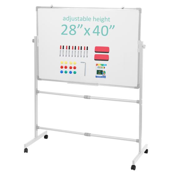 Chevalet Double Face avec Support 40x28 Pouces Tableau Blanc/Noir Réversible sur Roulettes, Hauteur Réglable, 2-en-1 Tableau Blanc Mobile à Roulettes