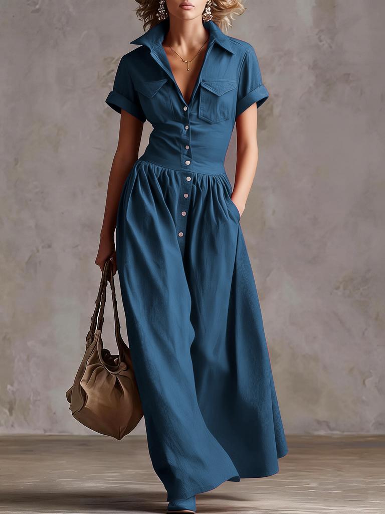 Damen Mehrfarbig Knopfleiste Hemdkleid Maxi-Kleid Revers Kurze Ärmel Tasche Vorne Lässig Langes Kleid