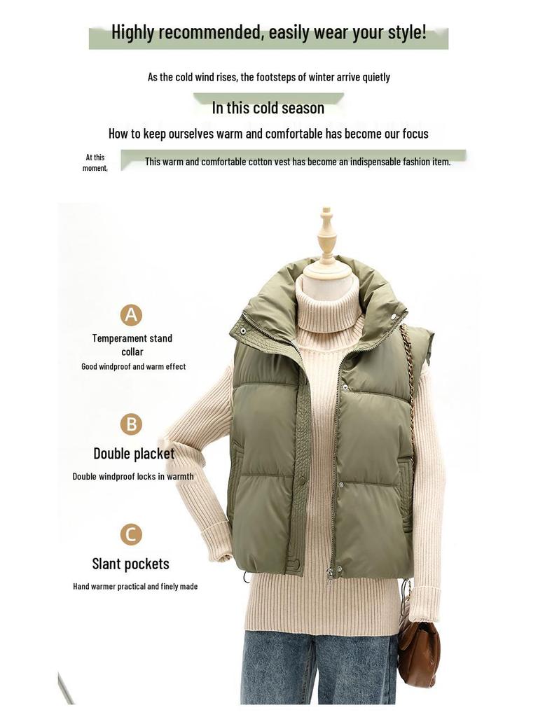 2024 Trendy Loose Stand-Up Collar Cotton Vest: Sleeveless Autumn/Winter Outerwear