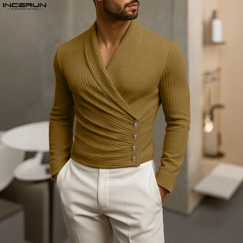 INCERUN Mens V Neck Front Cross Long Sleeve Thin Casual Rib Short T-shirts Tops