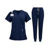 Conjunto de Uniforme Quirúrgico para Mujer con Top de Manga Corta y Cuello en V con Bolsillos, Pantalones Largos de Secado Rápido de Color, Uniforme para el Trabajo