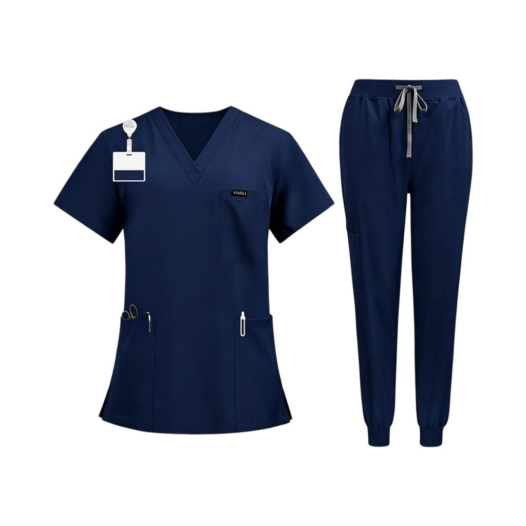Conjunto de Uniforme Quirúrgico para Mujer con Top de Manga Corta y Cuello en V con Bolsillos, Pantalones Largos de Secado Rápido de Color, Uniforme para el Trabajo