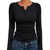 Damen Langarm Schlank Passend Uni Gerippt Gestrickt Geknöpft Basis Schicht T-Shirt