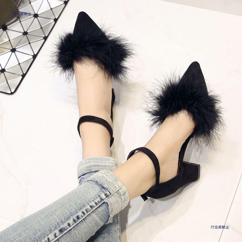 High heels autumn and winter Mao Mao women's shoes thick heel student versatile new pointed one-word buckle fashion single shoes tide