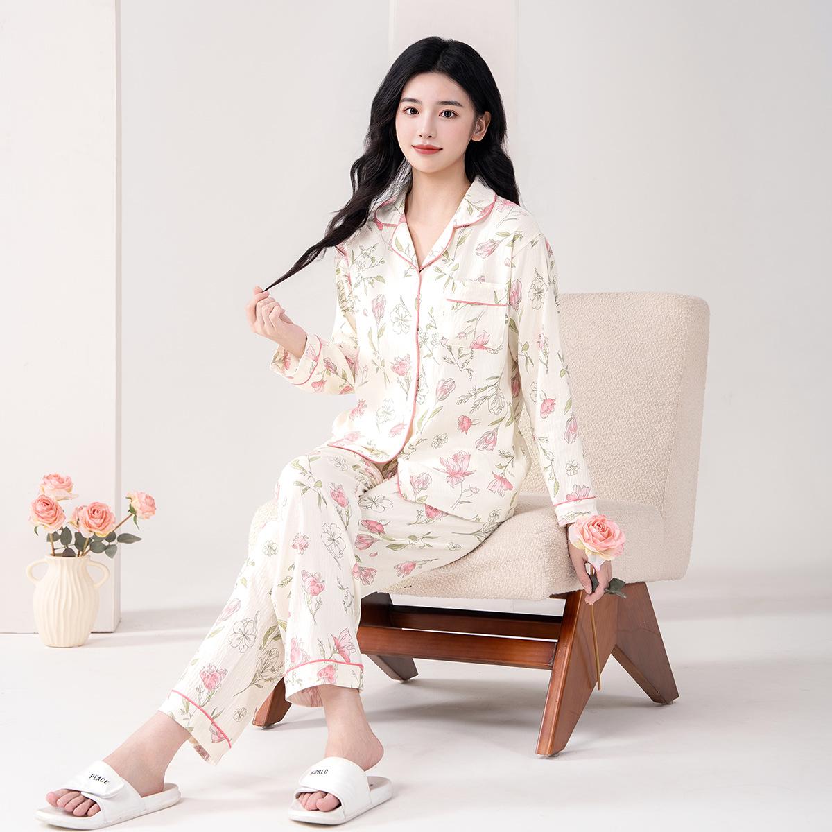 

Женский хлопковый комплект пижамы Весна-Осень 2025: Домашняя одежда с длинным рукавом из облачного хлопка XL (55-64 kg) розовый