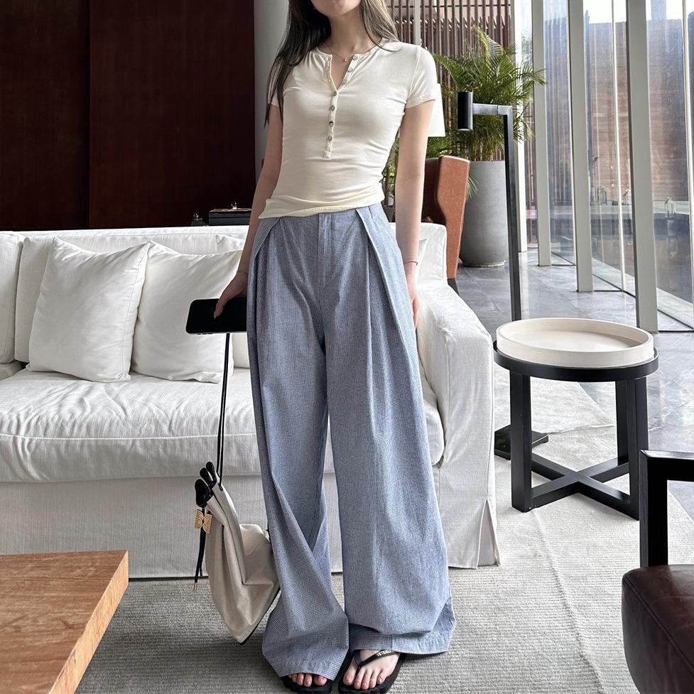 Bao Xi Blue Plaid Wide-Leg Pants - Women s Casual Summer Style S