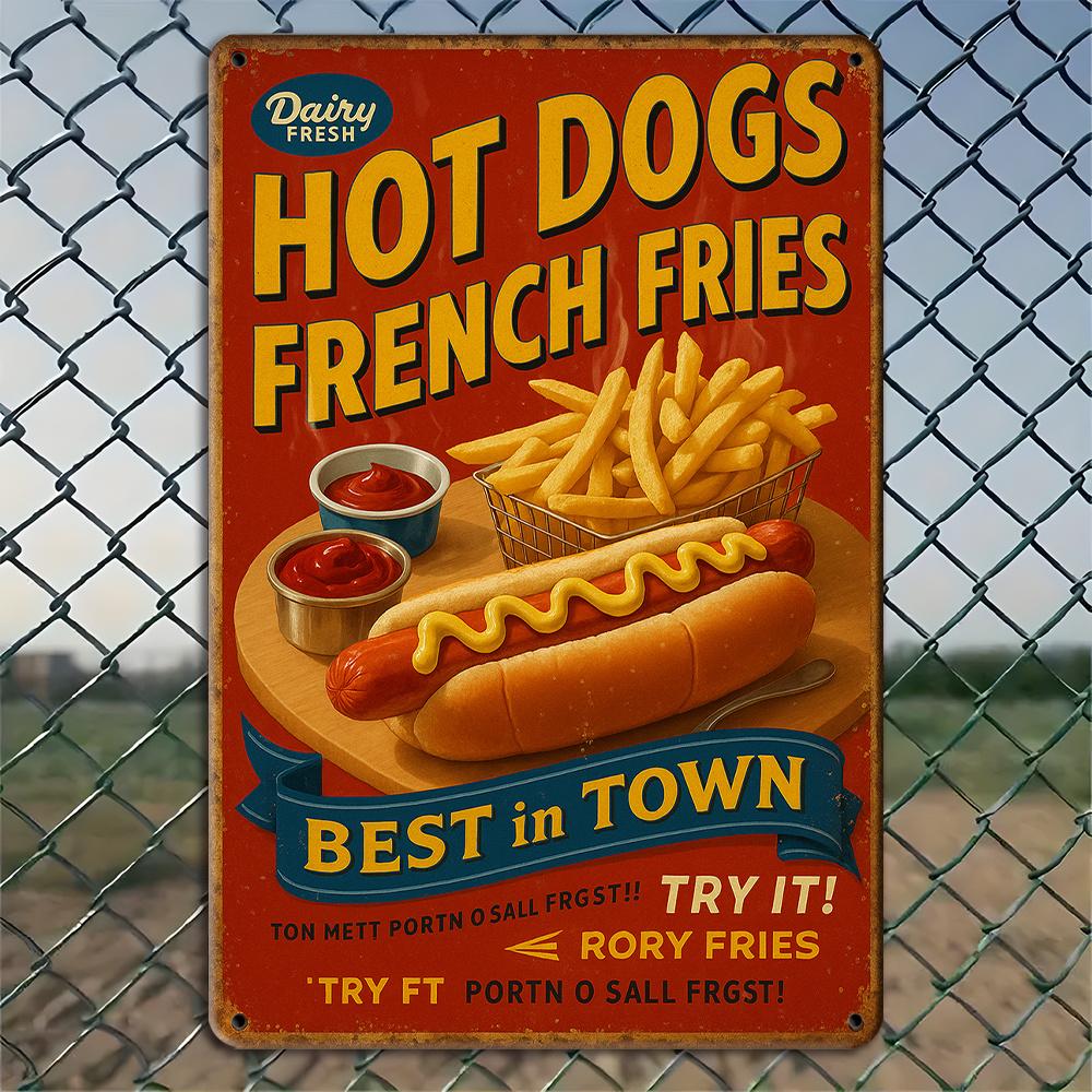 

Винтажная металлическая вывеска «Хот-доги» - Алюминиевое гравированное настенное искусство для ретро-декора еды чистый