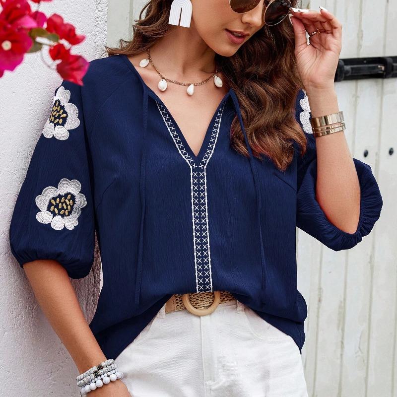 

Летние новые винтажные свободные элегантные рубашки с рукавами-фонариками для женщин, модные повседневные блузки с вышивкой и V-образным вырезом, облегающие женские топы со шнуровкой 26650 L тёмно-синий