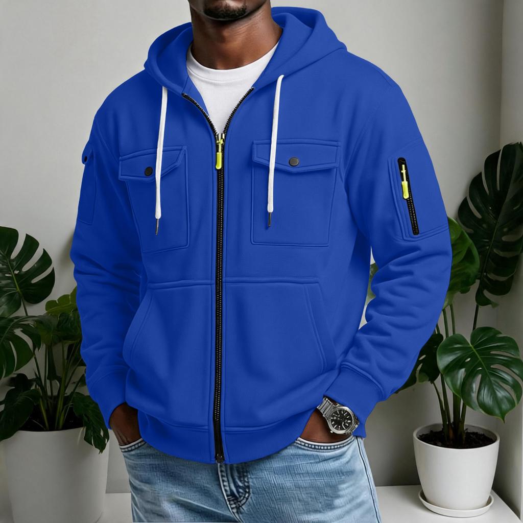 Men's Casual Multi-Pocket Zip Hoodie, Outdoor Cargo Jacket for Sports and Daily Wear