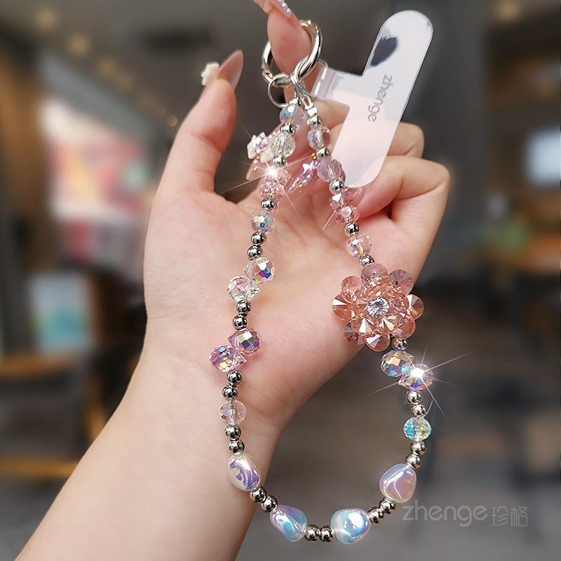 Niche high-end crystal mobile phone chain female rose snow lotus wrist pendant beaded pendant bracelet short Rose flower bead crystal bracelet