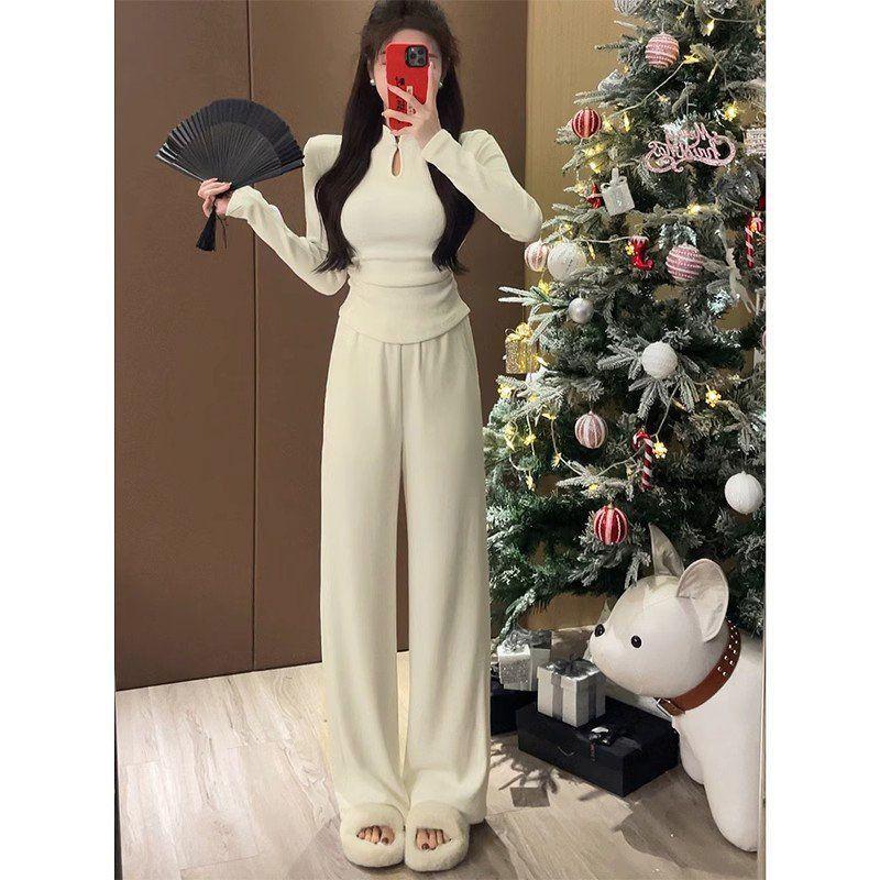 

Elegant Chinese-Style Slim Two-Piece Set: Spring/Autumn Casual Top & Pants for Women XL