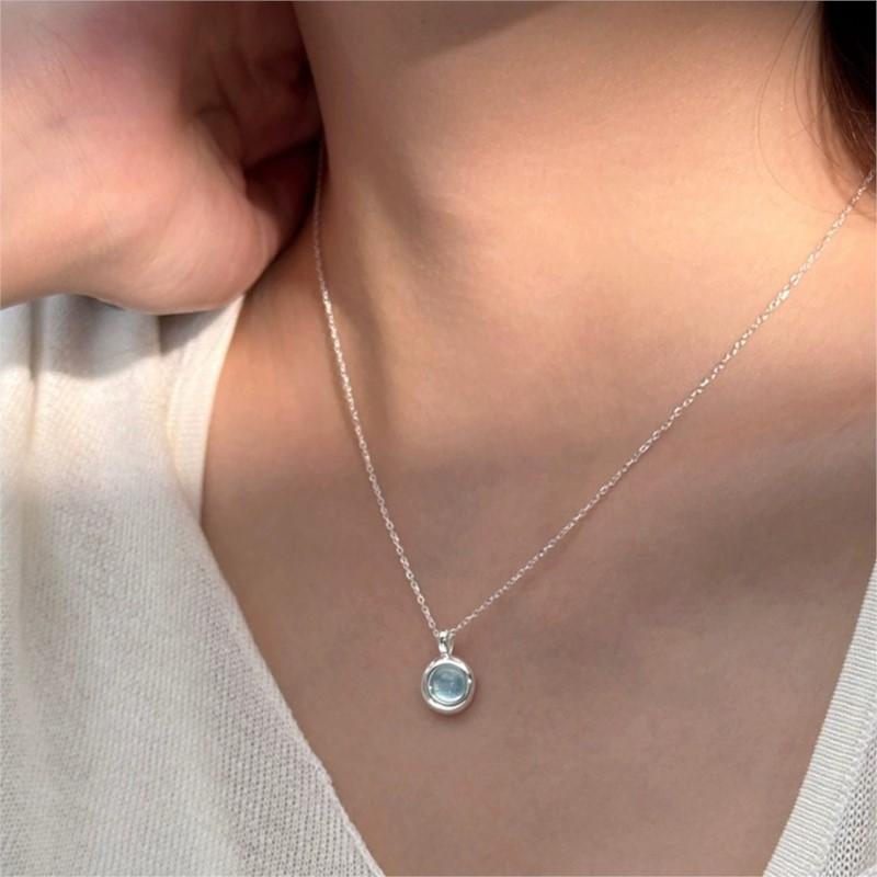 PANJBJ 925 Sterling Silver Blue Crystal Necklace for Women Design Minimalism Sweet Extremely Fine Jewelry Birthday Gift Dropship