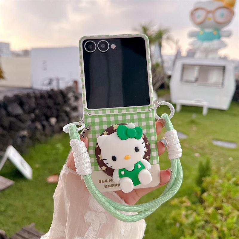 

Fashion Green Plaid Pattern Cute Kitty Phone Case For Samsung Galaxy Z Flip 7 6 5 ZFlip6 ZFlip7 Cover with Stand Strap For Magsa For Z Flip 7