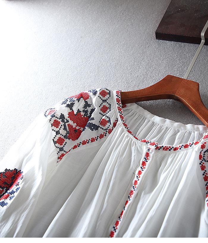 Ethnic Style Embroidered Lantern Sleeve Plus Size Cotton Linen Shirt