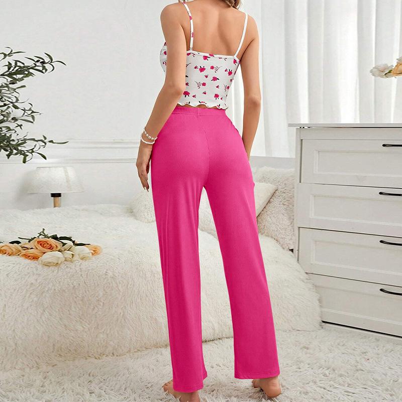 Summer Sling Pajamas Set Women Pants and Sleeveless Tops Set Round Neck Sleepwear Girls Flower Print Loungewear Homewear Pyjamas