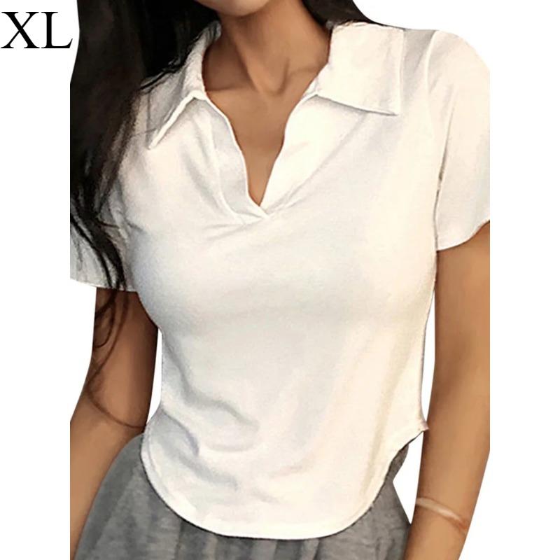 

Летний топ с короткими рукавами и лацканами, женские однотонные пуловеры с v-образным вырезом, милые рубашки в стиле ретро, ​​укороченный топ для девочек, женская тонкая универсальная футболка XL белый