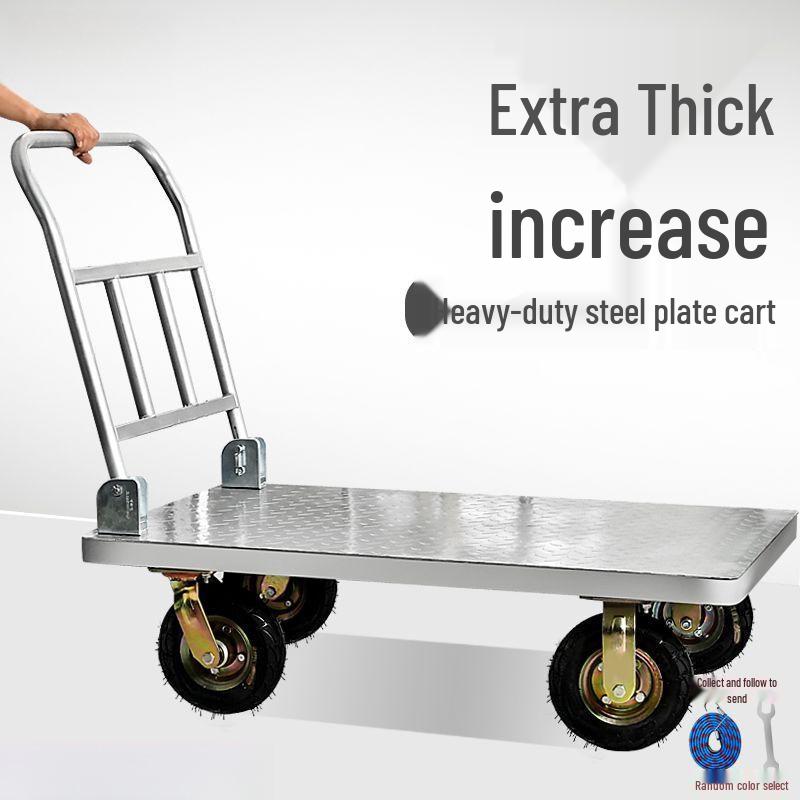 Lightweight Folding Flatbed Hand Truck - Silent, Thickened Steel Plate, 4-Wheel Trolley for Household Use