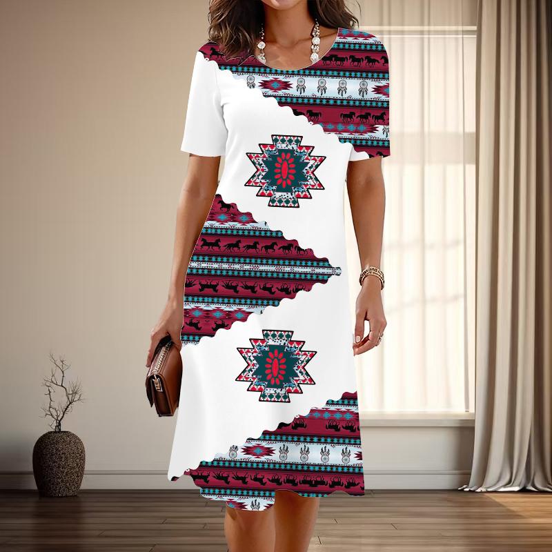 Dámská móda Půvabné Retro Potisk Letní Jarní Krátký Rukáv Kulatý Výstřih Ležérní Šaty