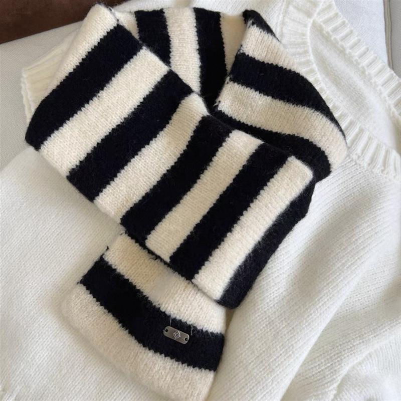 Korean Style Autumn and Winter White Two Color Striped Scarf Women's Wool Striped Cross Scarf Decoration and Warmth