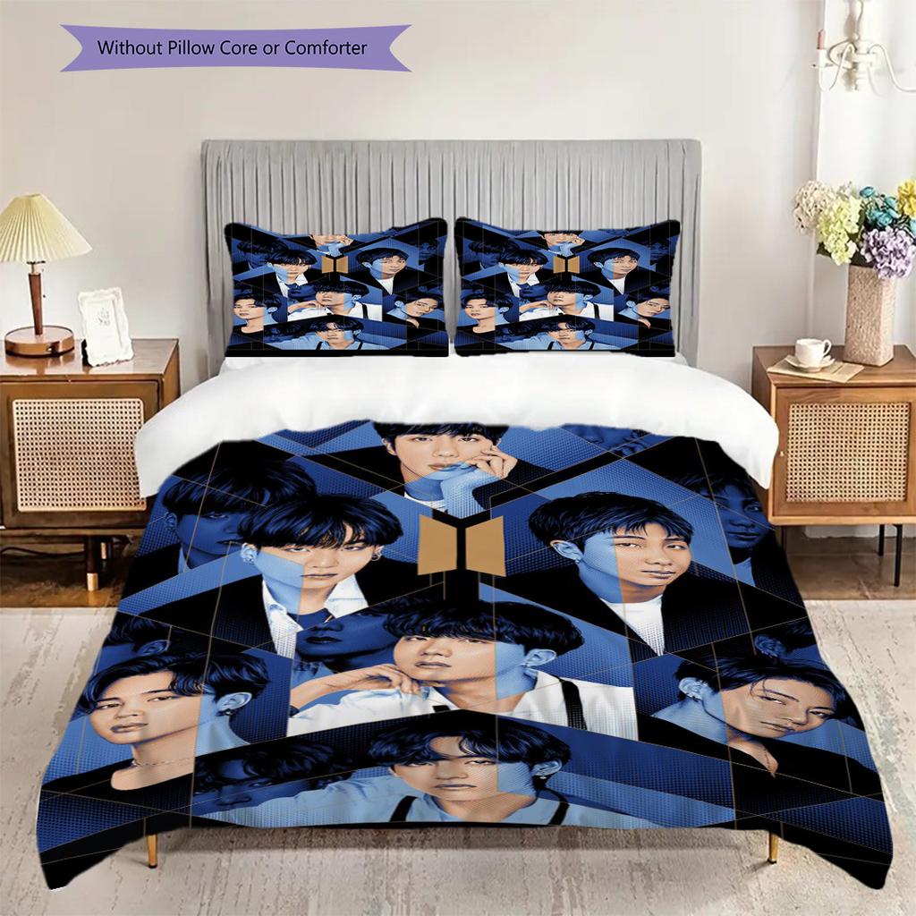 Bts Globale Musik-Sensation Dreiteiliges Set (1 Bettbezug + 2 Kissenbezüge, ohne Füllung) 2D flaches Weihnachts-Geburtstagsgeschenk Bettbezug und Kissenbezug