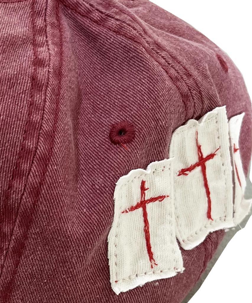 SK8ER ROCK Patchwork Pigmentwashing Ball Cap ((Red))