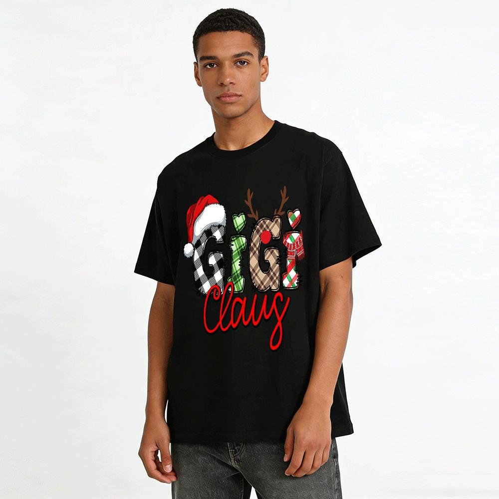 Christmas Themed Gigi Claus Plaid Print Casual Top Pure Cotton T-shirt