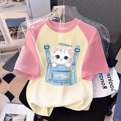 Cartoon Kids Adult Animal Cat Printed T-shirt Summer Women's Fashion Girl Short Sleeved T-shirt Top Pullover Clothing