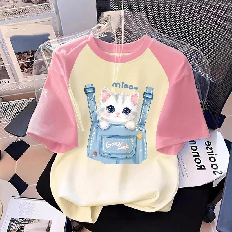 

Мультяшная детская взрослая футболка с принтом животного кота, летняя женская модная футболка с коротким рукавом, топ, пуловер, одежда 120