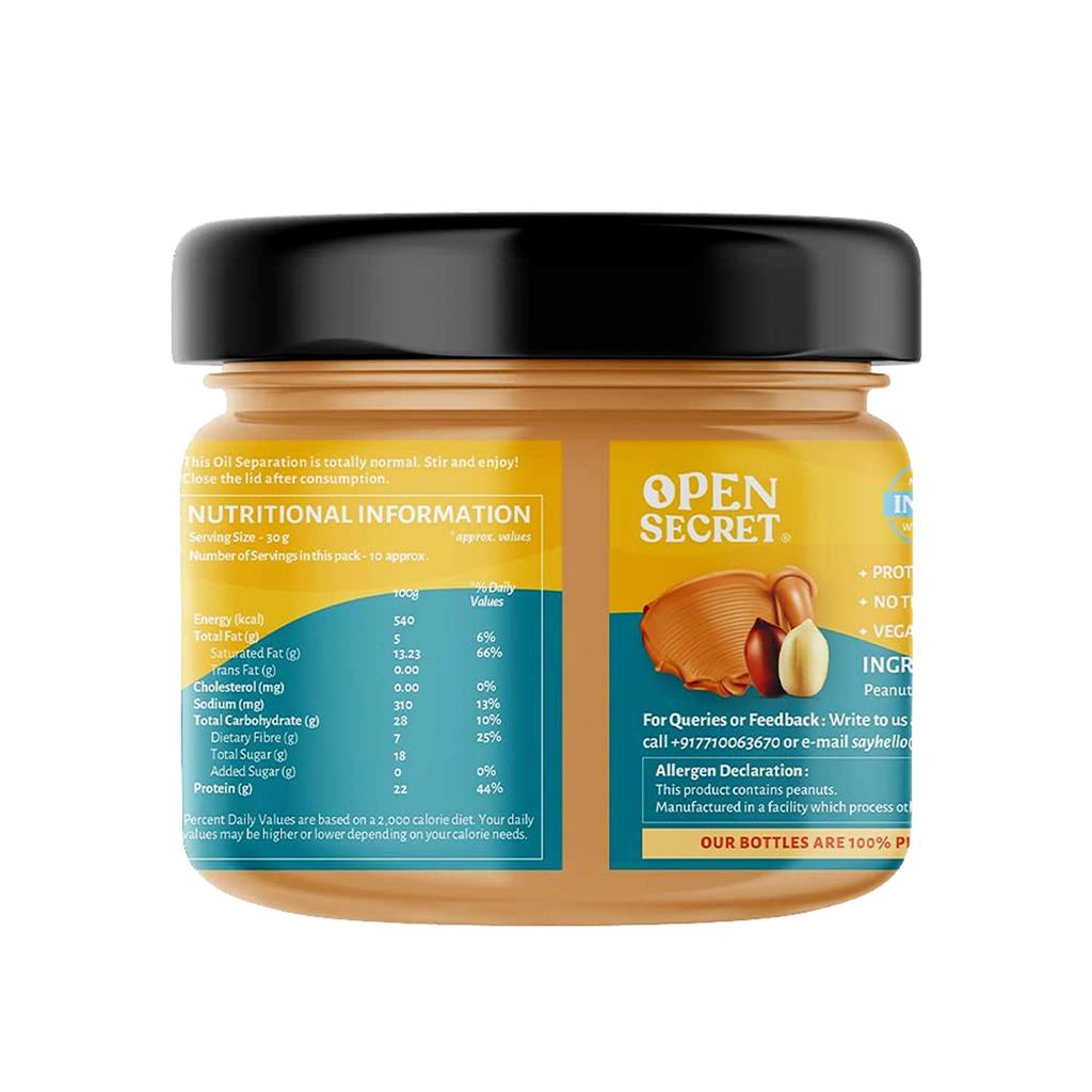 Open Secret Peanut Butter Crunchy | 295g | Unsweetened | 30g Protein | High Protein Peanut Butter, Peanut Butter Unsweetened