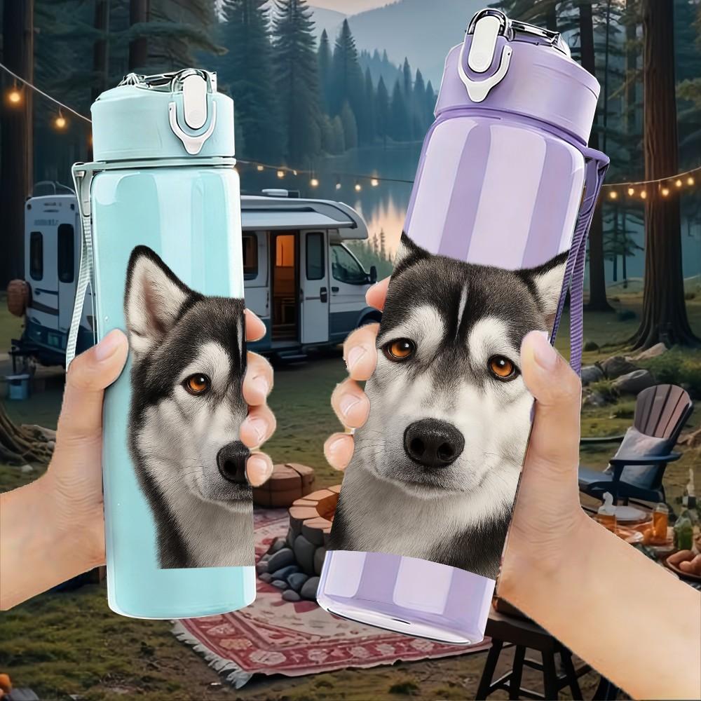 1PC Husky Dog Face Closeup 750ml Color Plastic Sports Water Bottle Leakproof Flip Straw Lid Suitable for Sports Office Home Use
