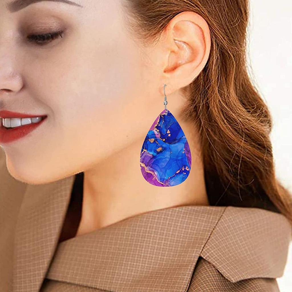 2D Flat Lightweight PU Leather Printed Teardrop Earrings, Blue-Purple Gradient Marble Pattern & Black Rose Design, Women's Fashion Pendant Earrings