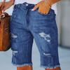 Plus Size Summer Denim Shorts Women Rhinestone Mid Waist Ripped Frayed Hem Tessles Stretchy Jean Shorts Women's Summer Shorts