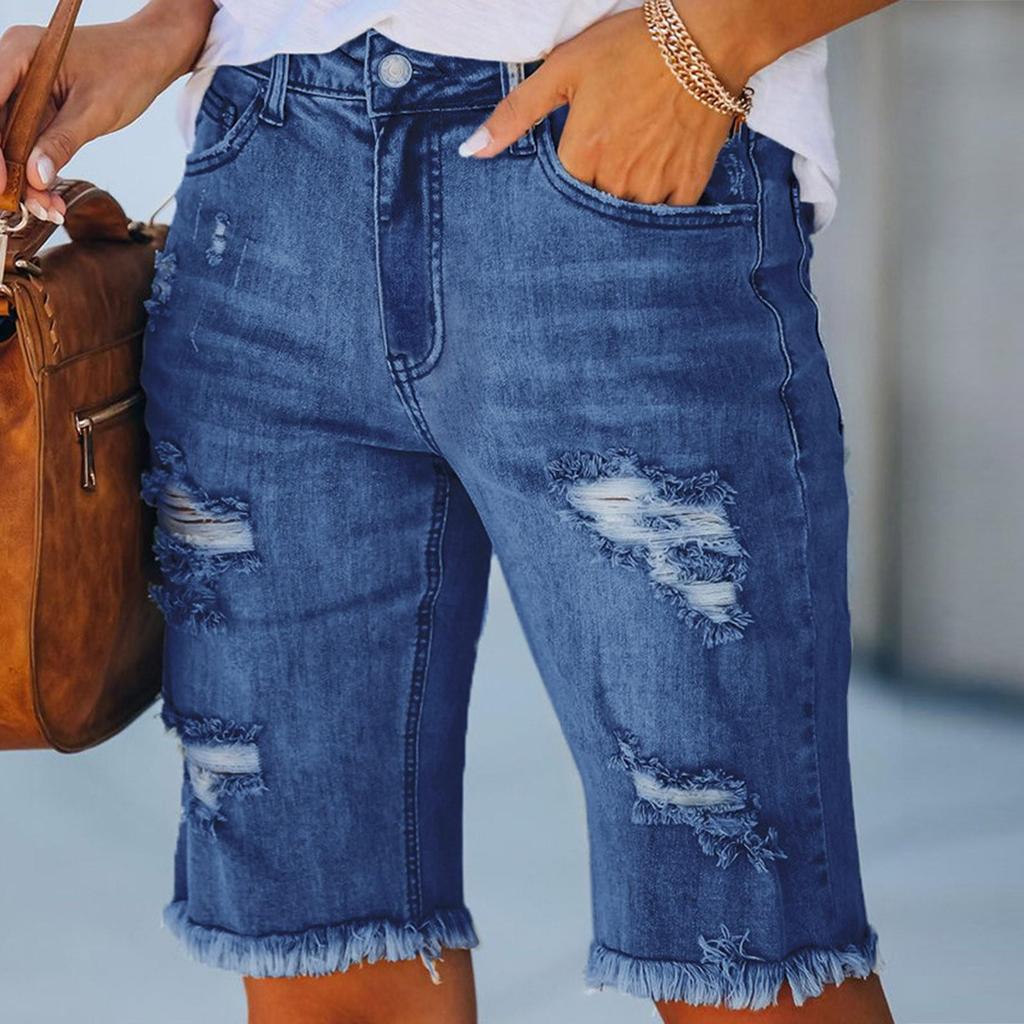 Plus Size Summer Denim Shorts Women Rhinestone Mid Waist Ripped Frayed Hem Tessles Stretchy Jean Shorts Women's Summer Shorts