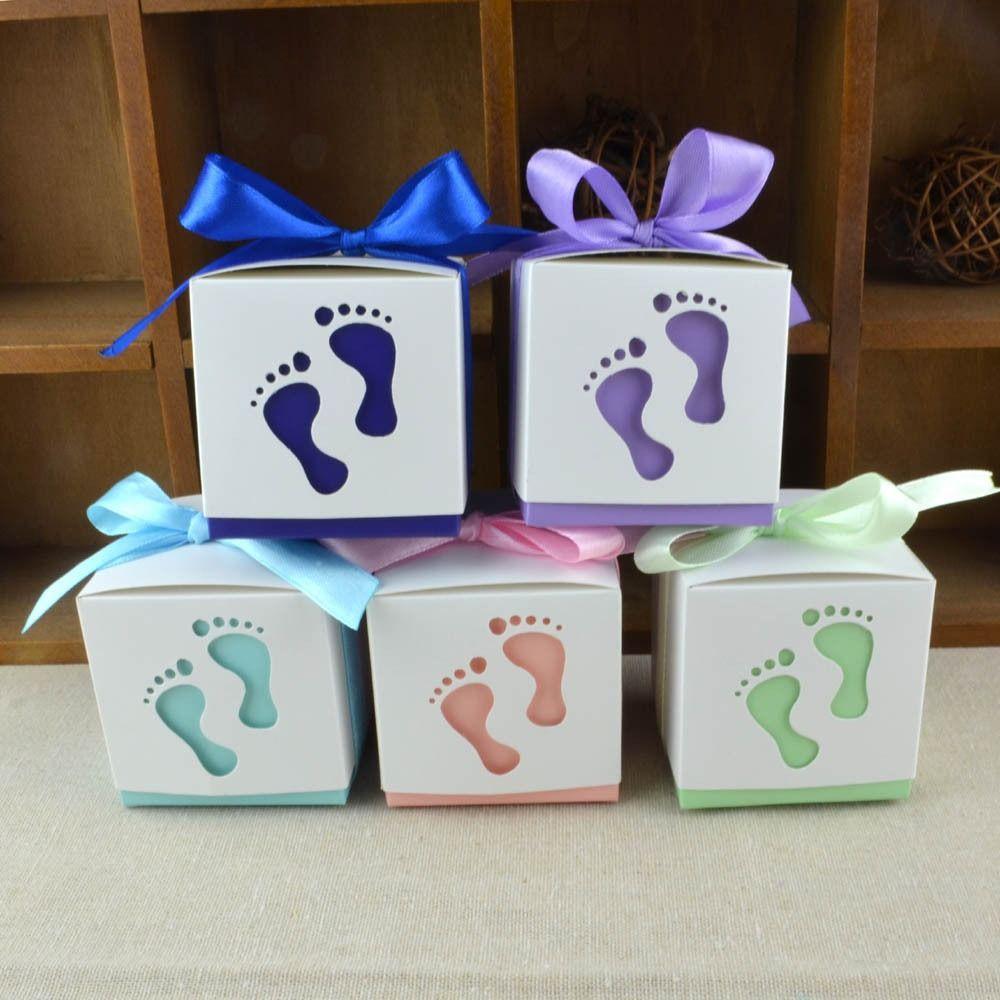 

10pcs Ribbon Footprints Candy Box Paper Box Gift Packaging Box Baby Shower Favor Boxes Children s темно-синього кольору