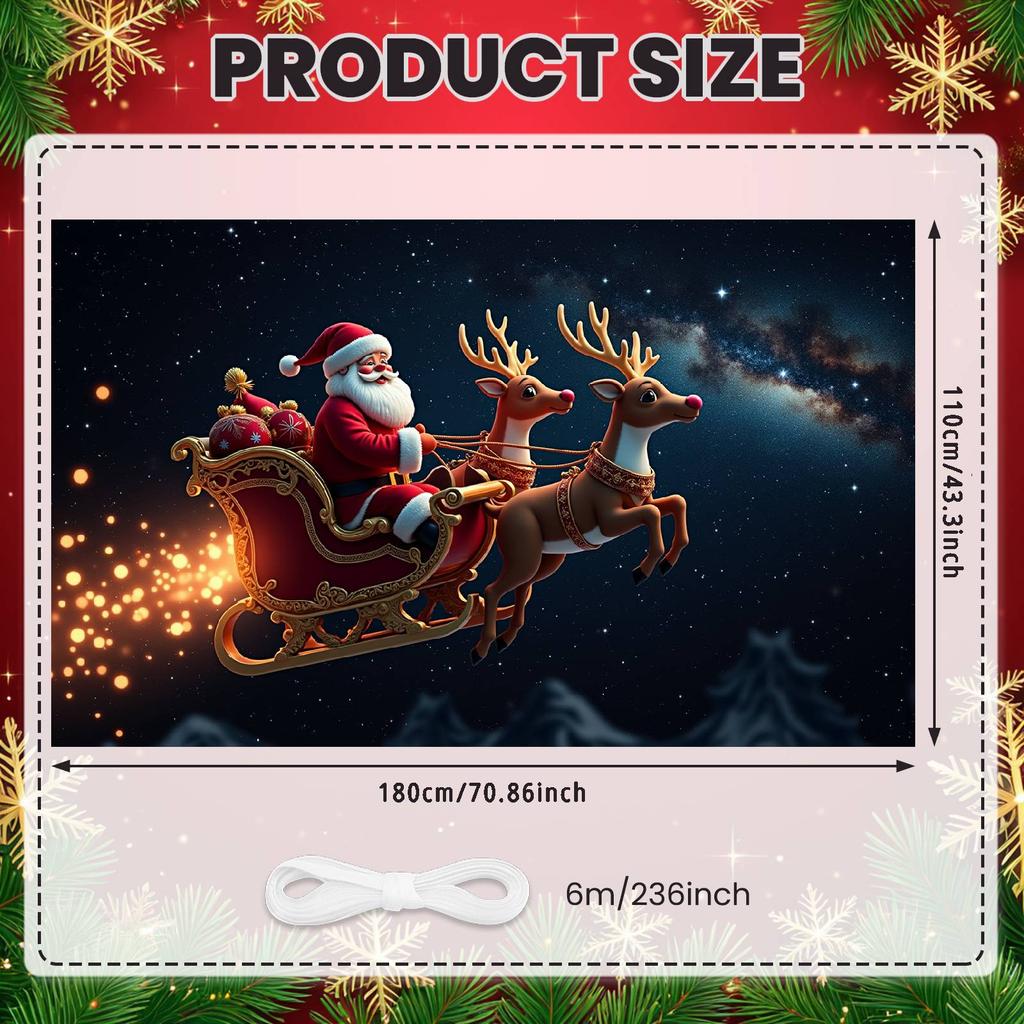 Christmas BackdropSanta Claus Holiday Banner Decorative Red Reindeer Sleigh for Christmas Party Winter Decoration Family