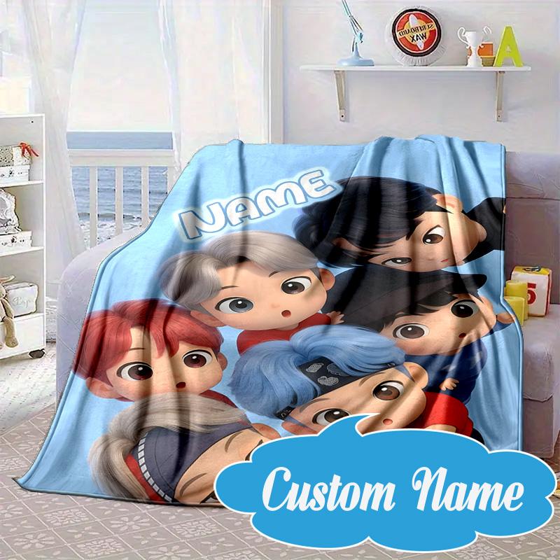 Custom Name BT K-pop Collage Vibes Blanket bed sofa Blanket Flannel Blanket for Camping, Hiking, Picnic Essentials,gift for Fan family