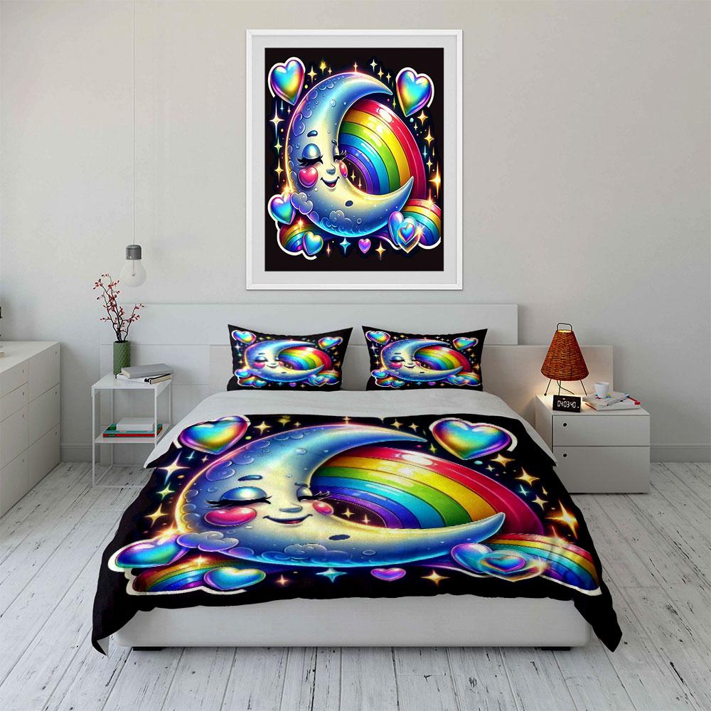 Cute Moon Rainbow Heart Design Bedding Duvet Cover Set  (1*Duvet Cover 2*Pillowcases, Without Duvet Insert)