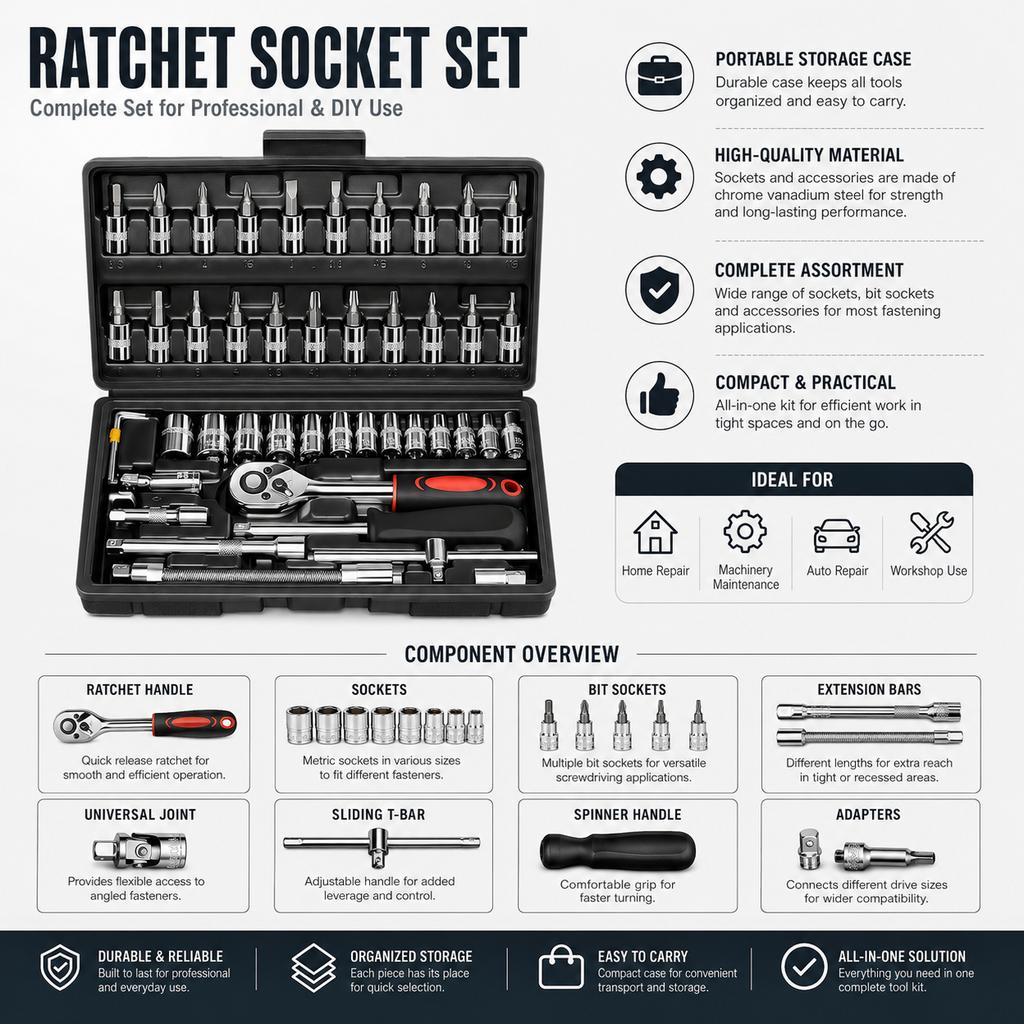 46/53PCS 1/4 Inch Drive Metric Socket Ratchet Wrench Set Extension Bar Hand Operated OEM Carbon Steel Tool Box Set Hard Case