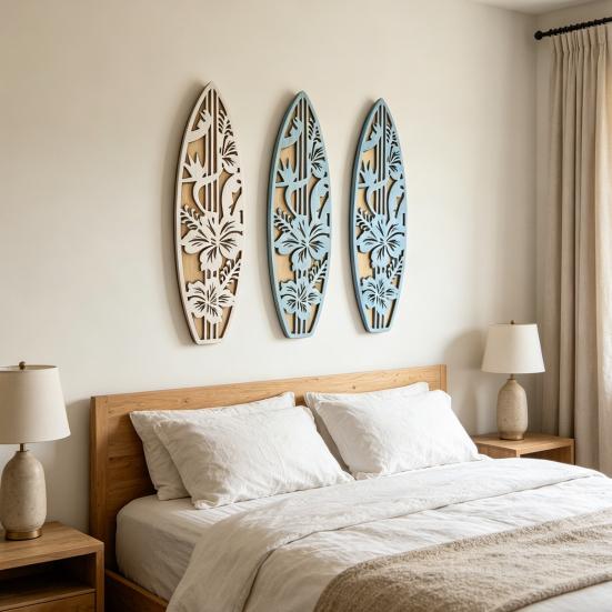 3 Pcs Wooden Surfboard Wall Decor Hollow Flowers Wall Art Beach Ocean Boho Wall Hanging Ornaments for Living Room Bedroom