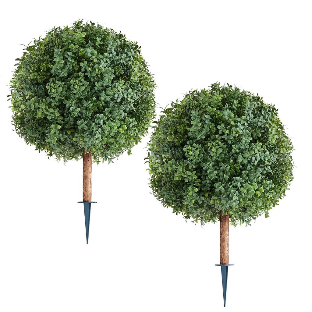 Artificial Topiary Boxwood Trees with Ground Spike, 2 Set 686mm Faux Shrubs & Bushes Potted Plants, Fake Silk Tree Look Real for Decor Front Porch