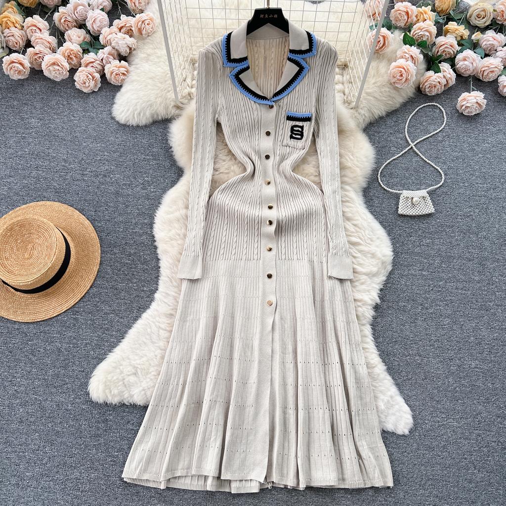 Autumn Winter Wear Embroidery Letter Knitted Sweater Dress Women Polo Single Breasted Designer Temperament Long Dresses