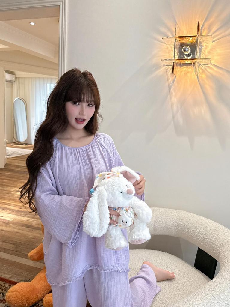 Women's Cotton Pajama Set - Solid Color, Long Sleeve, Long Pants, Casual Relaxed Fit for Spring/Summer.
