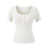 V-neck button-down short-sleeved T-shirt women's summer new American Spice Girl solid color slim-fit elastic crew neck bottoming top