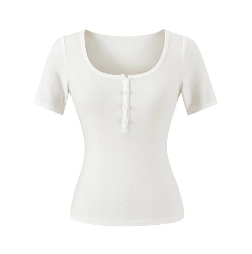 V-neck button-down short-sleeved T-shirt women's summer new American Spice Girl solid color slim-fit elastic crew neck bottoming top