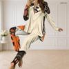 Women Plus Size Halloween Cartoon Printed Half Zip Long Sleeve Top And Fitted Pants Two Piece Set
