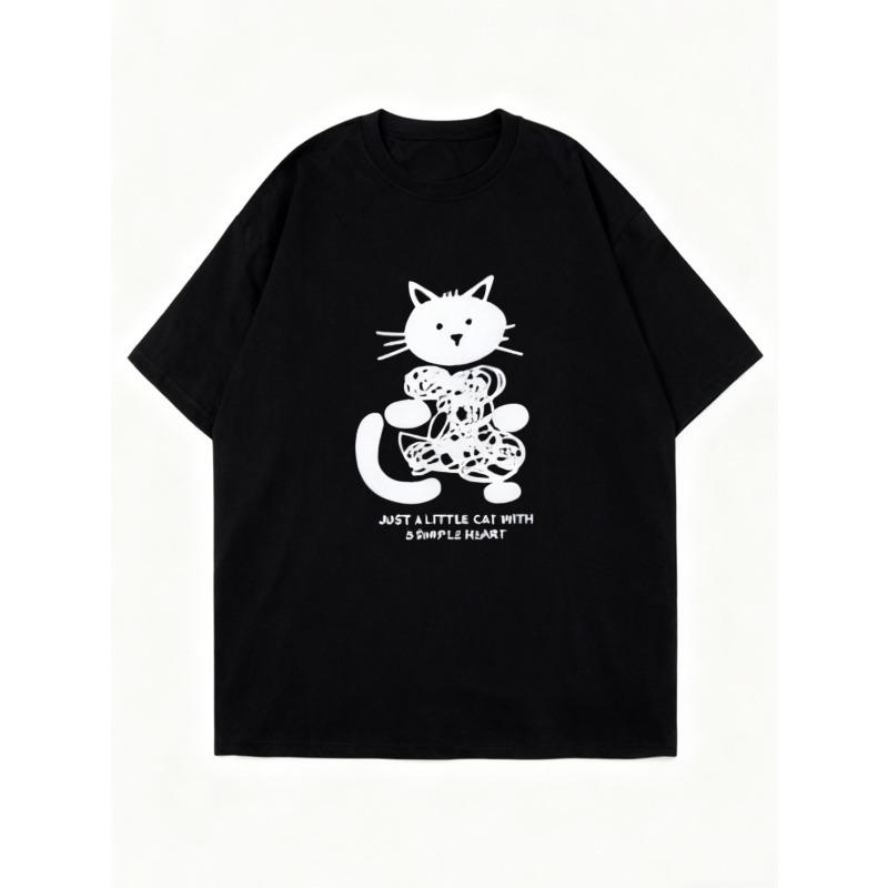 Oversized T Shirt Black Cat With Heart Print And Text Just A Little Cat With Simple Heart Casual Wear For Women Summer Outfit Streetwear Fashion Top