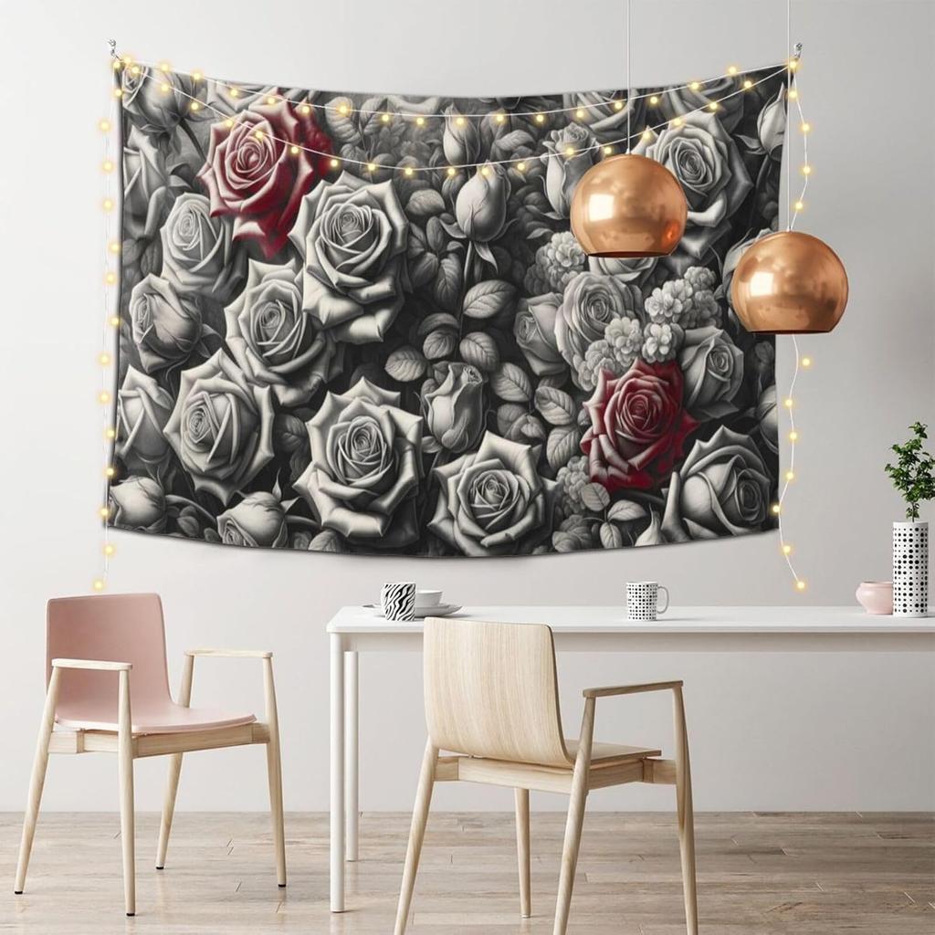 Florale Blume Wandteppich Aschgrauer Hintergrund Wandkunst Rosen Wandteppiche Pflanze Botanisch Natur Wandbehang Schwarz-Weiß Stil